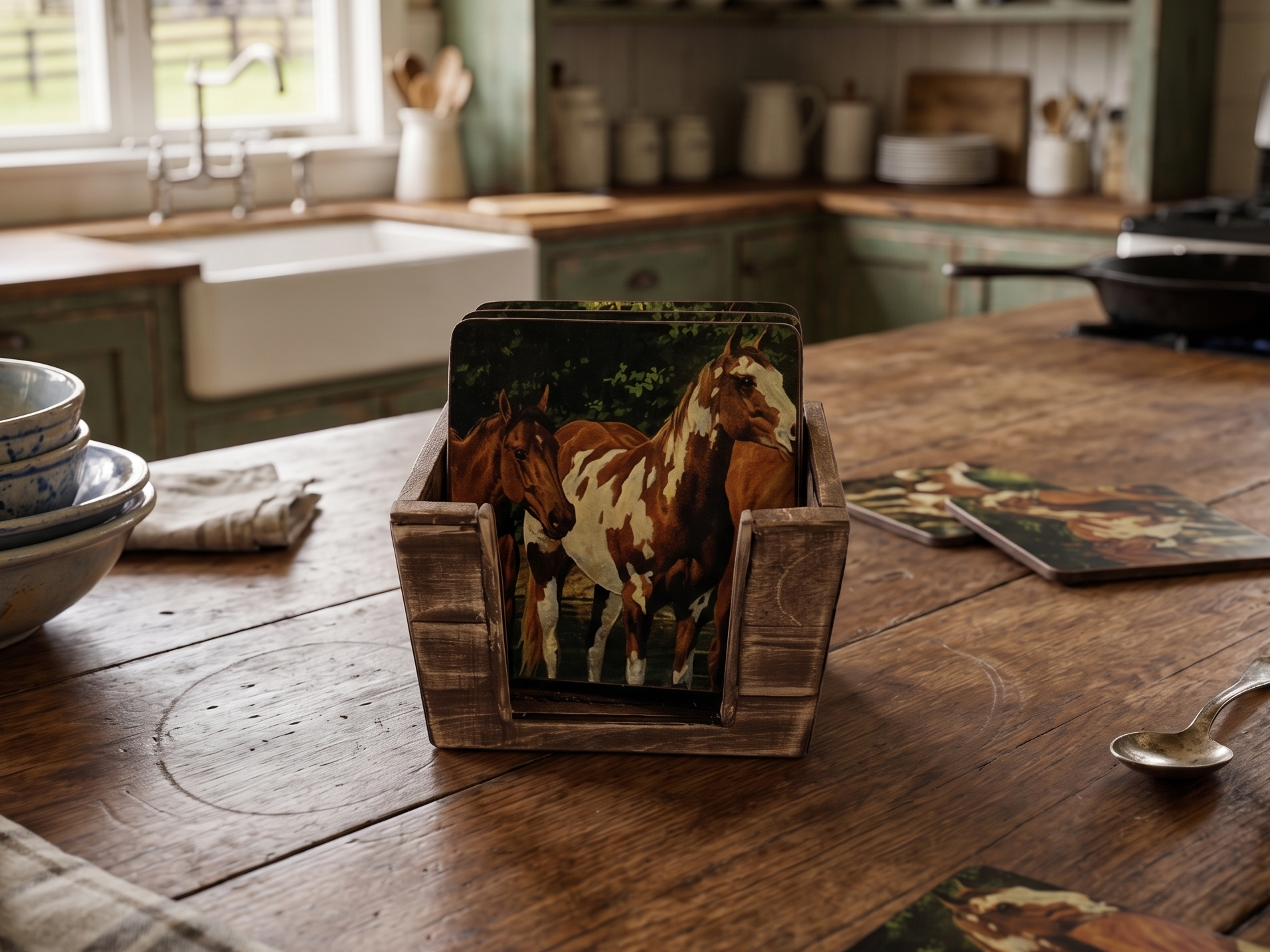 Rustic Equestrian Coaster Set with Wooden Holder