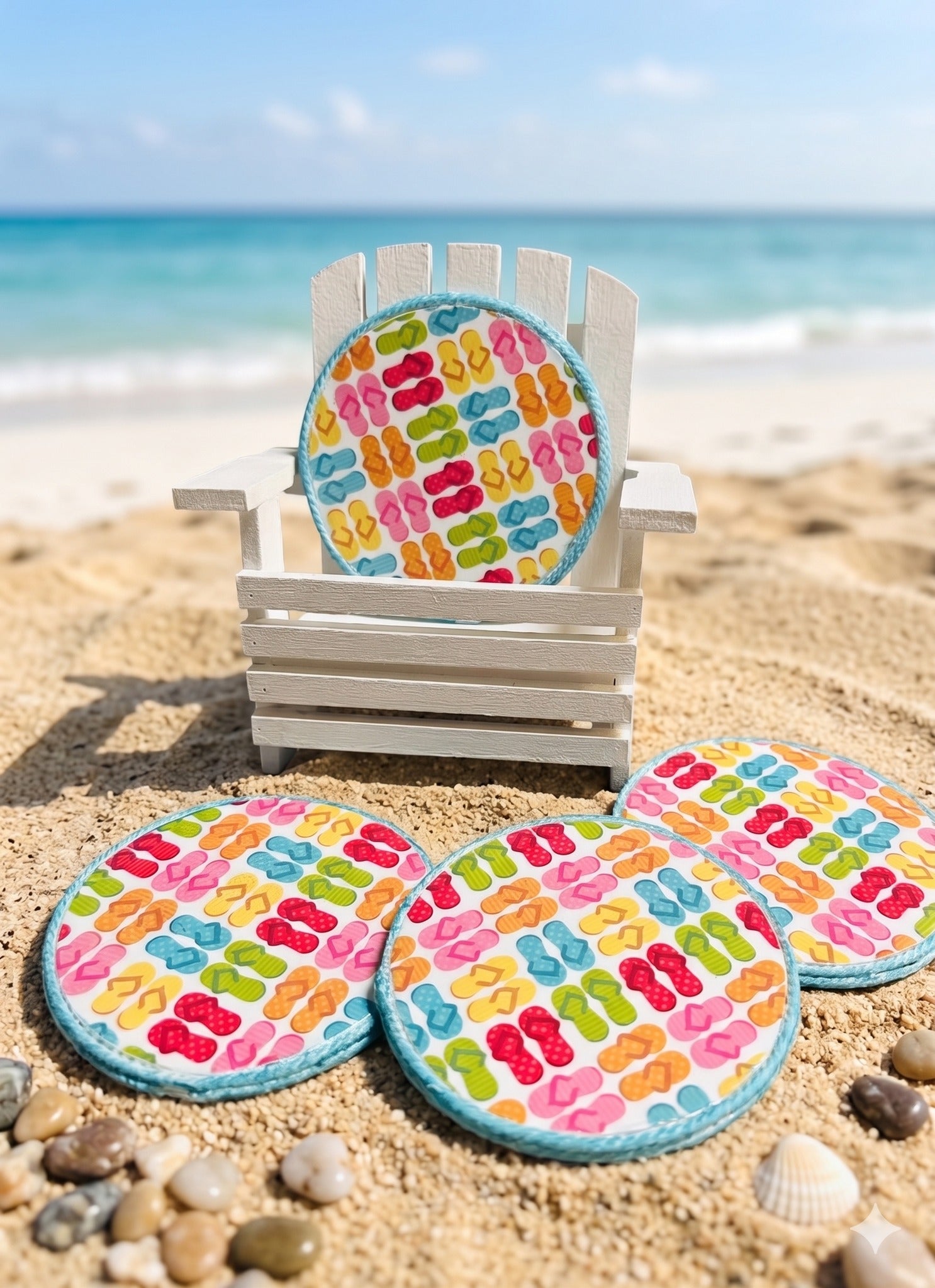 Tropical Flip Flop Coaster Set with Miniature Adirondack Chair Display