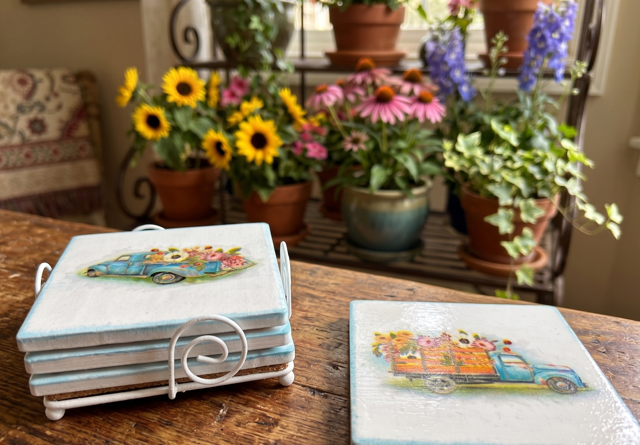 Vintage Floral Farm Truck Coaster Set (Set of 4)