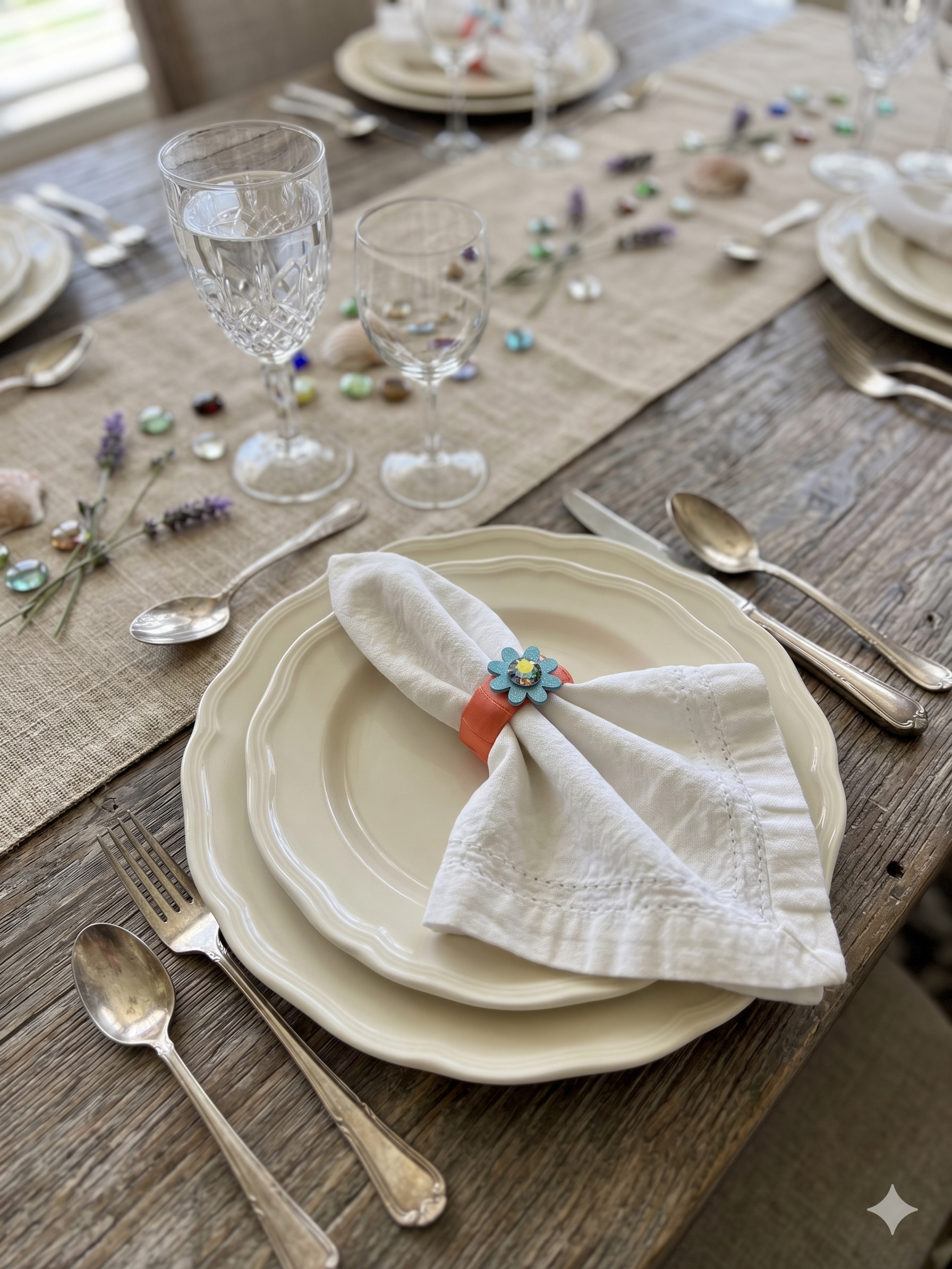 The Meadowside Floral Napkin Rings in Sun-Kissed Orange & Aqua - 6 Piece Set