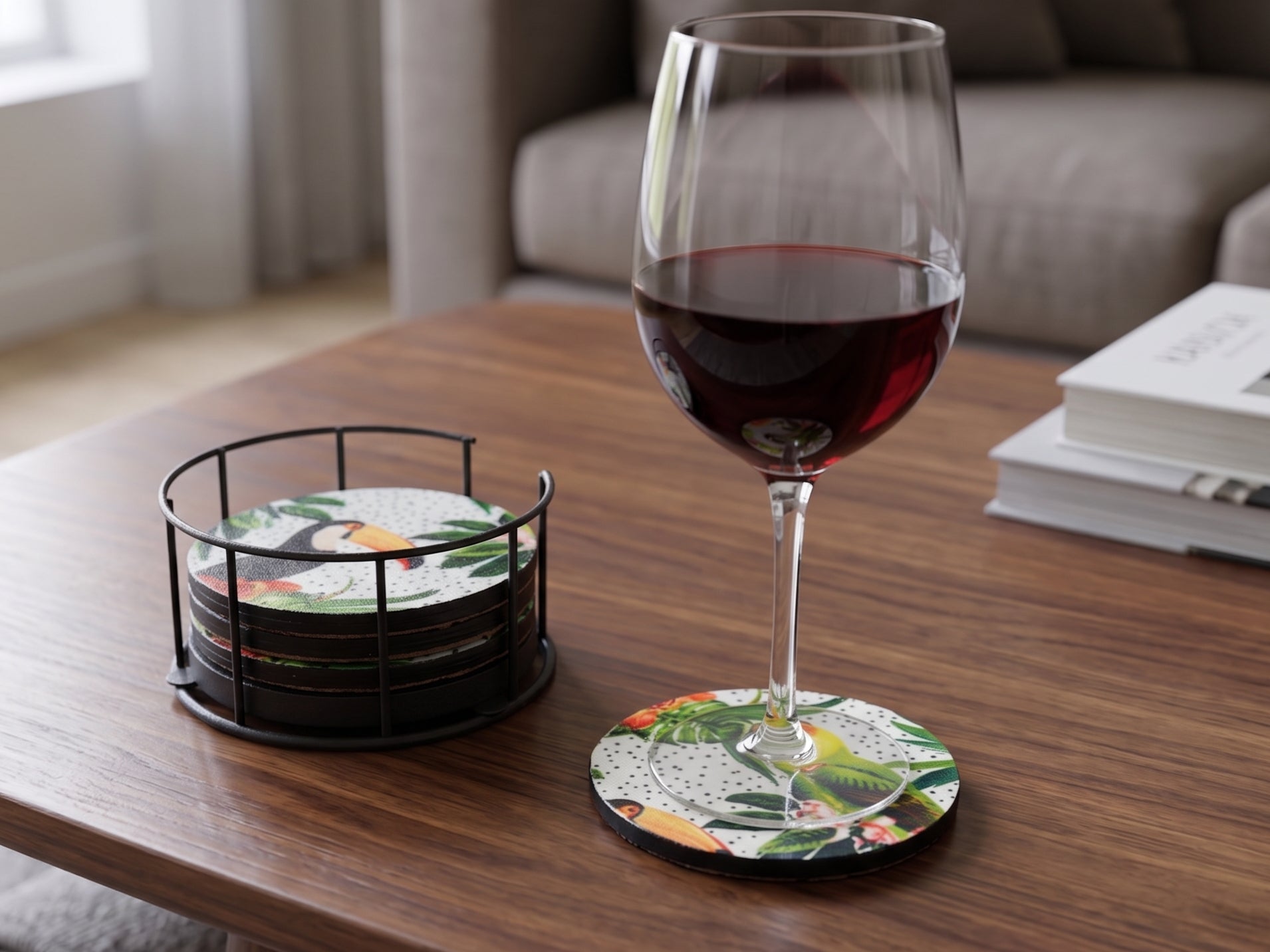 Tropical Bird Coaster Set with Metal Holder